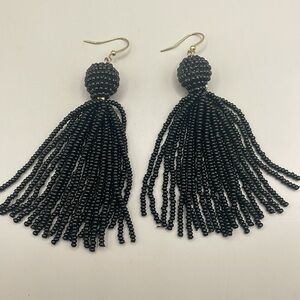 Vintage Black Seed Beaded Tassel Dangle Drop Statement Earrings